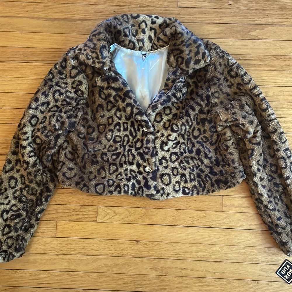 Beautees Cropped Leopard Print Faux Fur Jacket - Size 10